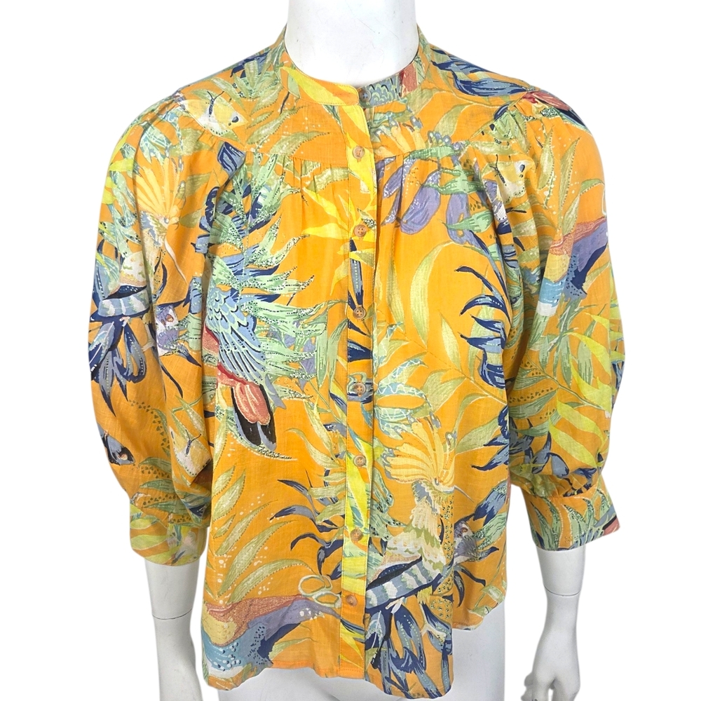 Maeve Anthropologie Tropical Bird Blouse Shirt Womens XS Yellow Parrots Button - Picture 2 of 10
